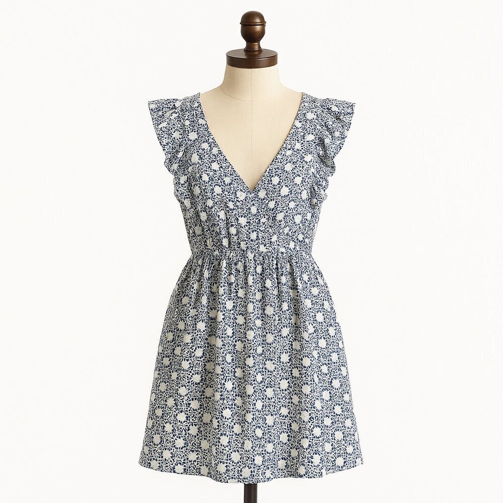 Anthropologie V-Neck Plunge Tunic Mini Dress Womens Size XL Blue White Black NWT